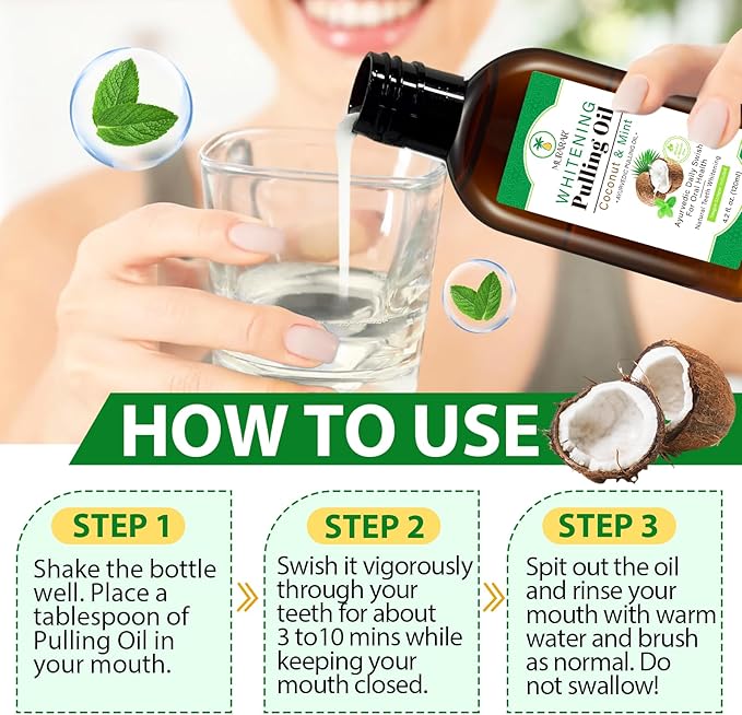 2 Pack Oil Pulling 4.2 Fl.Oz, Coconut Mint Oil Pulling Mouthwash for Fresh Breath with Tongue Scraper and Measuring Cup