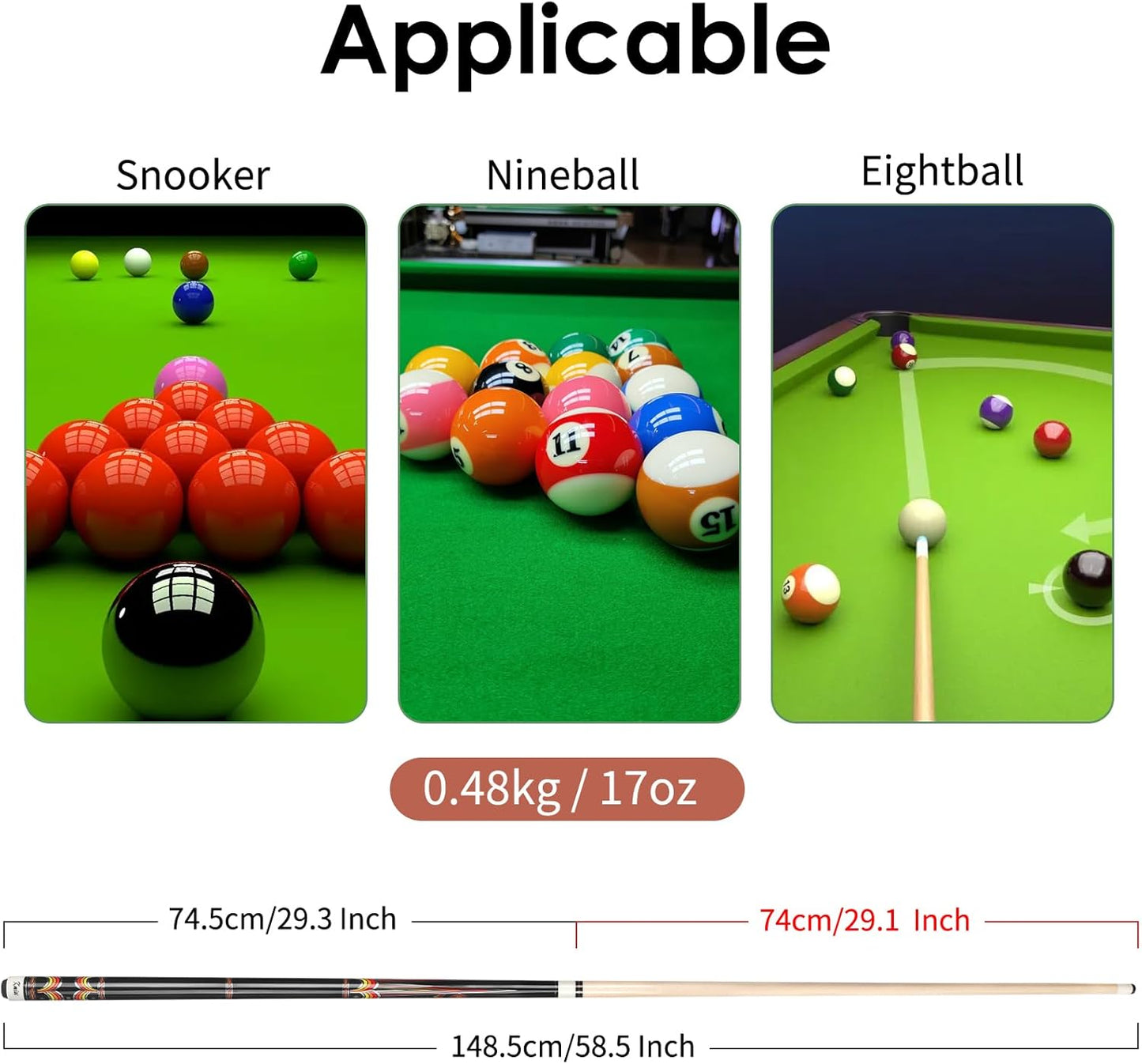 Kmise Pool Cue Stick Set - 58 Inch Pool Cues, 18~21Oz Canadian Maple Professional Billiard Cues Sticks, Pool Sticks for Adults, Multiple Colors, Pool Stick for Bar House Pool Tables Sports