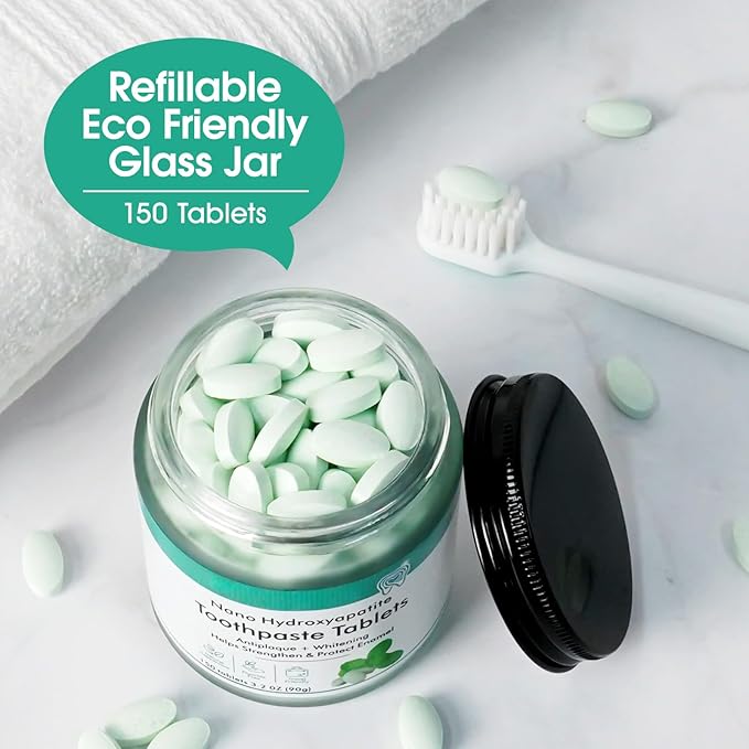 Toothpaste Tablets, Natural Peppermint Hydroxyapatite Toothpaste Tabs, Fluoride Free, Travel Friendly, 150 Tablets Mouthwash Chewable for Teeth