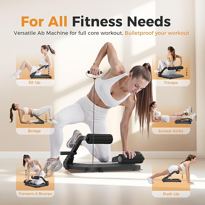 Ab Machine,Sit Up Exercise Equipment& Core Machine, Workout Equipment,Adjustable Ab Trainer with 3 Resistance Levels and Removable Auxiliary Handle,Home Gym Fitness Equipment for All Ages