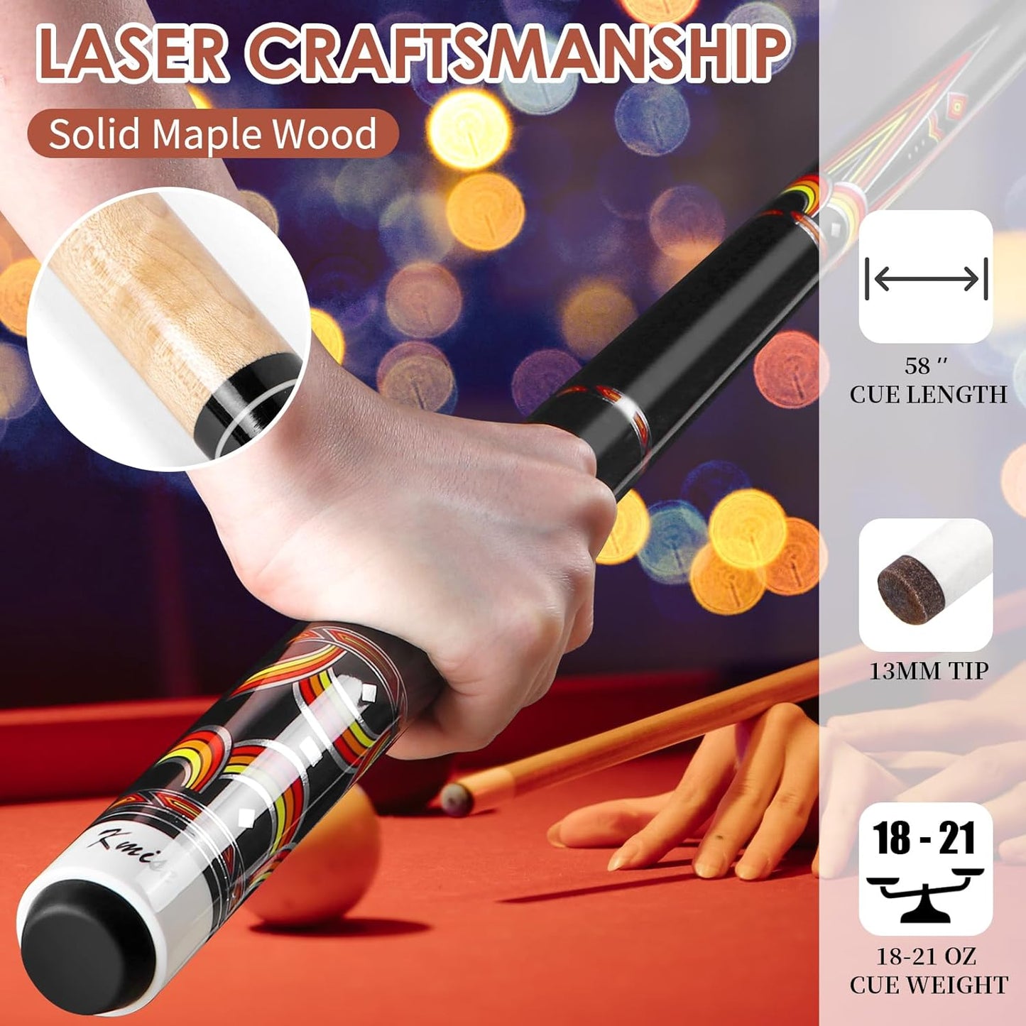 Kmise Pool Cue Stick Set - 58 Inch Pool Cues, 18~21Oz Canadian Maple Professional Billiard Cues Sticks, Pool Sticks for Adults, Multiple Colors, Pool Stick for Bar House Pool Tables Sports