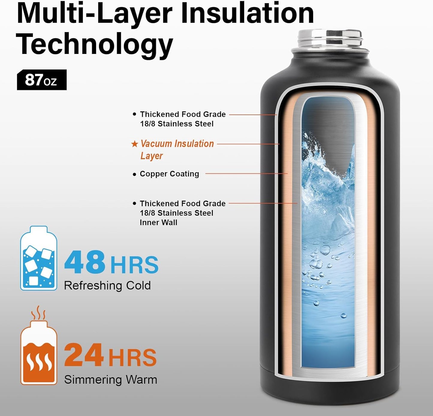 Insulated Water Bottle | Thickened Stainless Steel for Gym and Hiking with Straw, Carrier Bag, Handle Strap | BPA-Free 87 oz