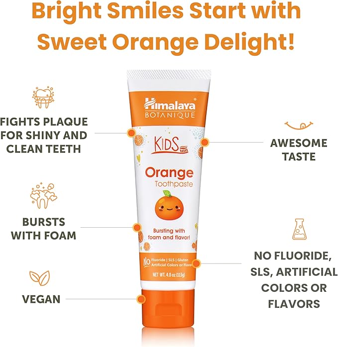 Himalaya Botanique Kids Toothpaste, Herbal, Orange Flavor, Fights Plaque, Fluoride Free, Gentle, No Artificial Flavors or Colors, SLS Free, Gluten Free, Cruelty Free, Vegan, Foaming, 4 Oz, 2 Pack…