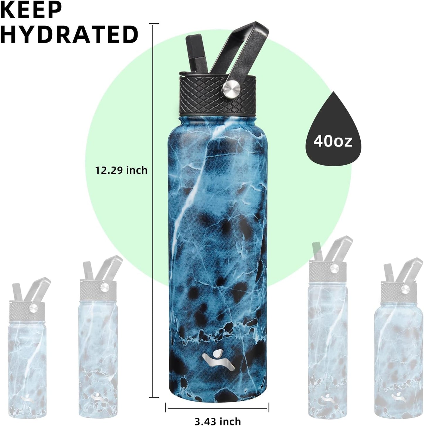 40oz Insulated Water Bottle Stainless Steel Sport Bottles with 3 Lids,Marble Ocean