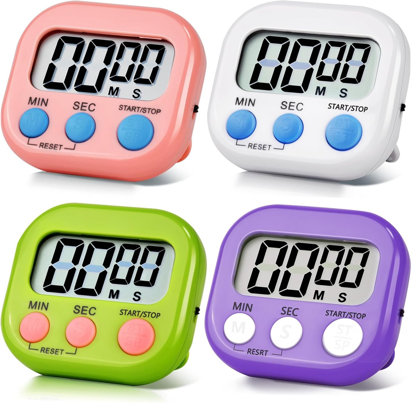 4 Pack Digital Kitchen Timer Magnetic Digital Timer with Big Display Loud Ring Cooking Timers for Cooking, Game, Gym, Break Time, Classroom (4, Pink, Purple, Green, White)