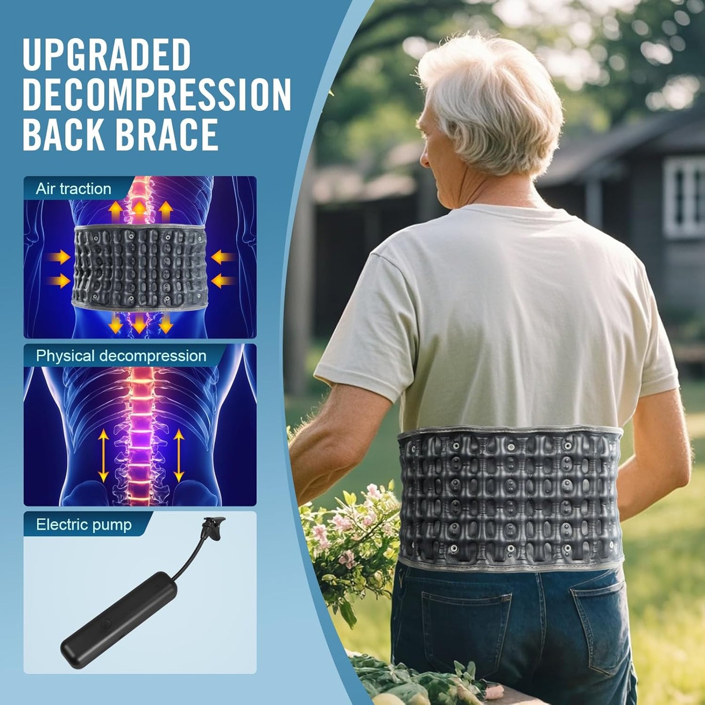 HONGJING Electric Pump Decompression Belt for Lower Back Pain Relief, Inflatable Back Reliever Lumbar Support Brace, One Size Fits 29-49 Waist