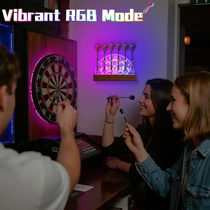 Light Up Dart Stand Wall Mount, Acrylic Wooden LED Dart Holder with Multiple Color Modes with Remote Control Holds 6 Darts, Xmas Birthday Gifts for Darts Enthusiasts