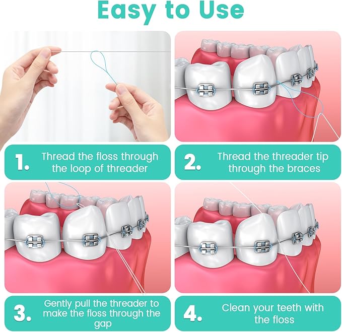 Floss Threaders 400 Count/4 Pack, with 2 Pack of 50M Mint-Flavored Waxed Dental Floss, for Braces, Bridges, Implants, Permanent Retainer