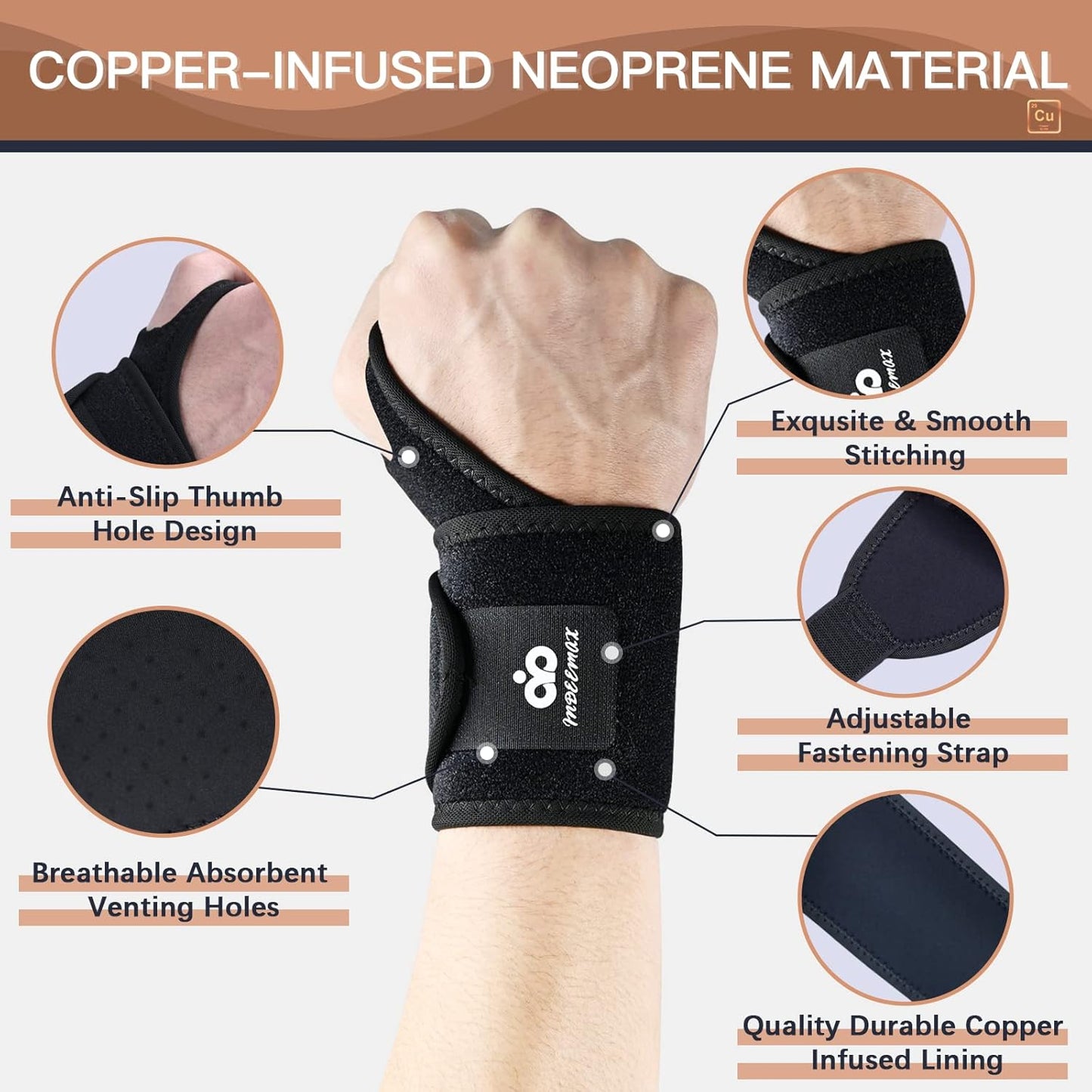 INDEEMAX 2 Pack Copper Wrist Brace Support for Carpal Tunnel, Pain Relief, Arthritis, Tendonitis, Adjustable Wrist Braces Compression Wraps Both Hands, Fit for Men and Women, Black