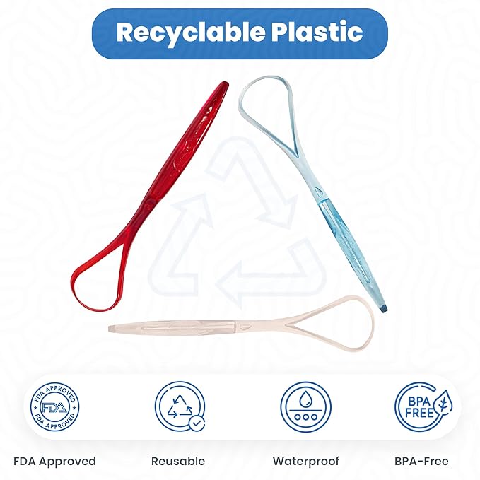 Tongue Scraper (3 pack) 100% BPA Free - Dentist Designed for Fresh Breath - Dr. Nick’s White & Healthy Easy to Use Plastic Tongue Cleaner for Adults (Red White & Blue)