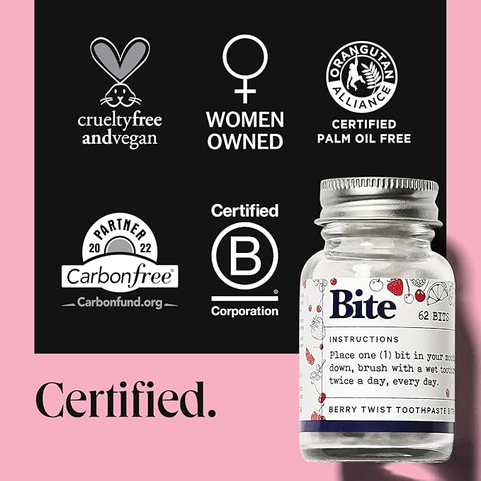 Bite Whitening Toothpaste Tablets – Nano Hydroxyapatite & Xylitol (Berry Twist) | Sensitive Teeth & Kid-Friendly | No Fluoride, Vegan, Cruelty-Free | Travel-Size | 2 Bottles (124 Bits) | Made in USA