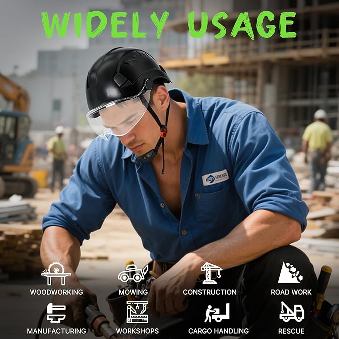AOLAMEGS Construction Hard Hats for Men - ANSI Z89.1 OSHA Approved Safety Helmets, Black Hard Hat, Adjustable Vented Construction Hat with Clear Visor and Chin Strap, High Impact ABS Hardhats