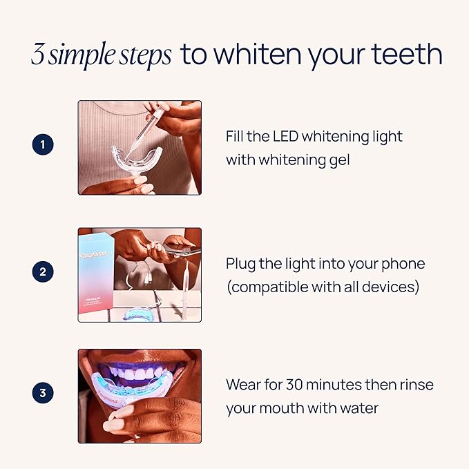 Laughland Original Teeth Whitening Kit, Phone-Powered LED Mouthpiece & 3 Whitening Gel Syringes, 8% Hydrogen Peroxide, Aloe Vera & Mint, for Sensitive Teeth, at-Home Dental Care, 6+ Treatments