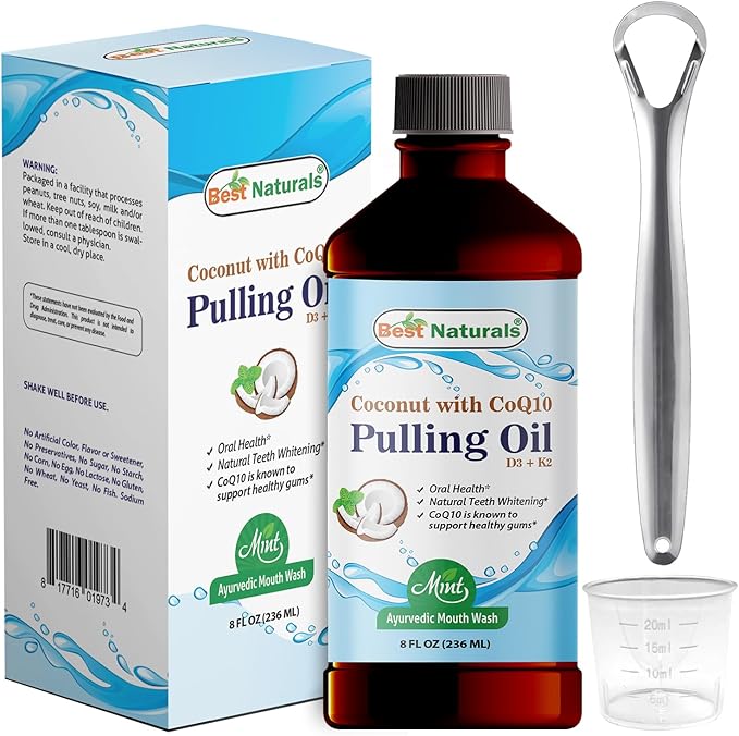 Best Naturals Coconut Pulling Oil with Vitamin D3, E, K2 & COQ10-8 Fl OZ - Made with Essential Oils in The USA