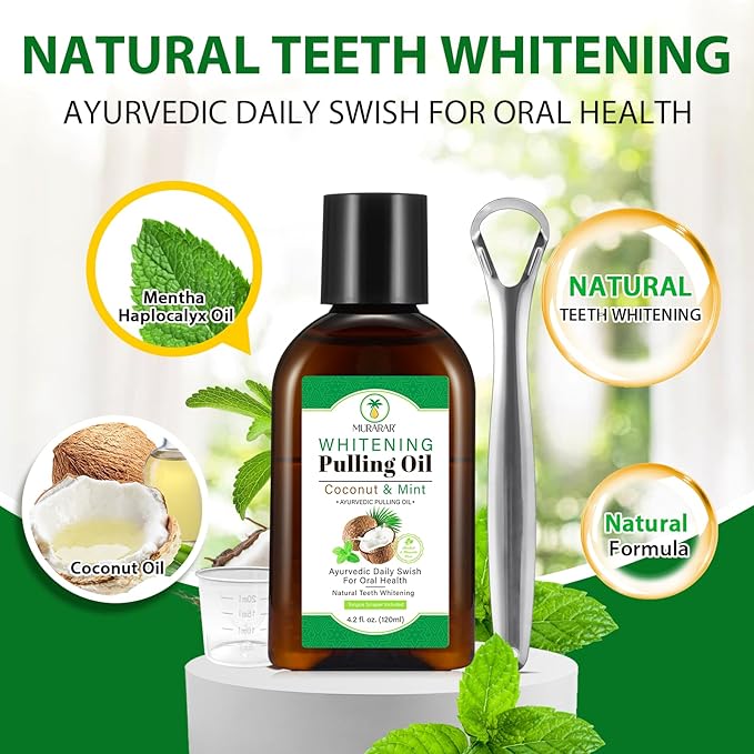 2 Pack Oil Pulling 4.2 Fl.Oz, Coconut Mint Oil Pulling Mouthwash for Fresh Breath with Tongue Scraper and Measuring Cup