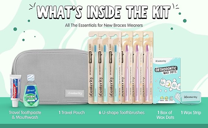 U-Shape Toothbrush Braces Care Kit, 11-Piece Orthodontic Travel Set with Wax, Toothpaste, Mouthwash & Pouch | Braces Hygiene Essentials for Teens & Adults