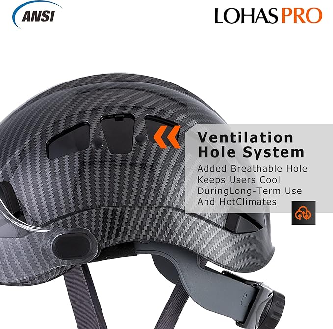 LOHASPRO Hard Hats Construction Safety Helmet with Visor ANSI Z89.1 Approved OSHA Hardhat, Vented Carbon Fiber Hard Hat with Chin Strap Tree Helmet(Black Graphite Pattern with Clear Visor)