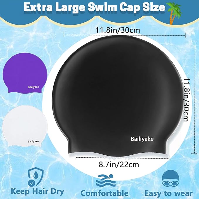 3 Pack Extra Large Swim Cap for Braids & Dreadlocks - Waterproof Silicone Swim Hat for Women with Long Thick Hair, Protective Swim Cap Cover Ears for Swimming, Shower, Bathing