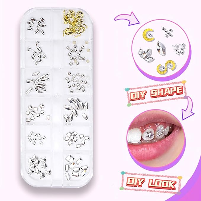Generic Tooth Gems Fashionable DIY Teeth Jewelry with Shiny Crystals, Tooth Gems Decoration Starter Kit, gold and silver