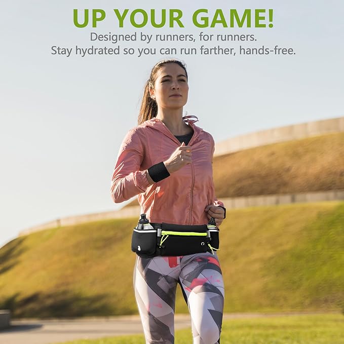 Hydration Running Belt for Women & Men with 2 Water Bottles – Water-Resistant Waist Pack & Phone Holder, No-Bounce Fit for Running, Hiking, Workouts – Bonus Sweatband, Fits All Phones
