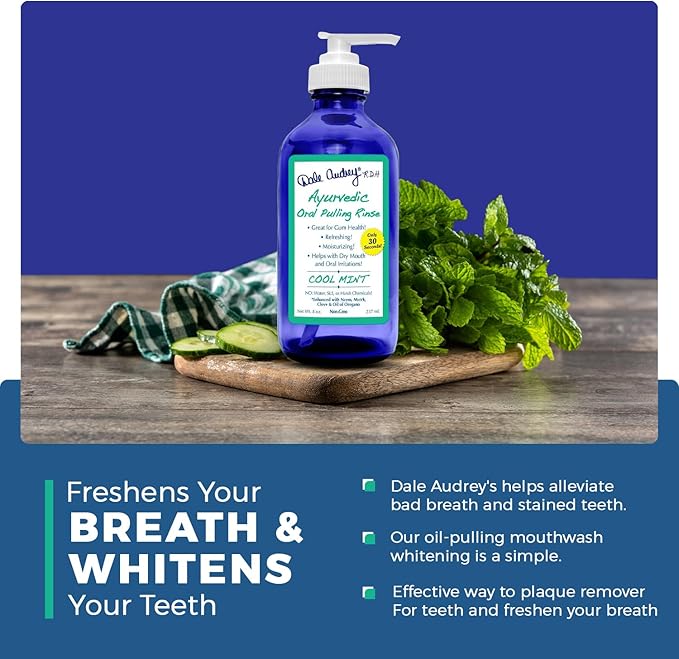 Ayurvedic Oil Pulling for Teeth and Gums | Organic Mint Flavored Oral Rinse Mouthwash | Natural Essential Oils | Cobalt Glass Bottle Pump for Teeth Whitening and Fresh Breath-8 FL Oz