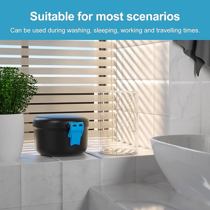 BVN Leak-Proof Denture Bath Cup for Travel, Denture Cup for Soak Dentures, Retainer Cleaning Case with Strainer (Black + Blue)