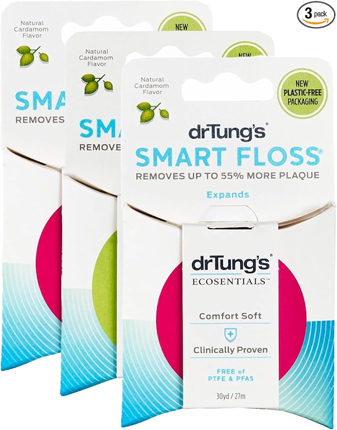 DrTung's Smart Floss - Natural Floss, PTFE & PFAS Free Floss, Gentle on Gums, Expands & Stretches, BPA Free - Natural Dental Floss Cardamom Flavor (Pack of 3)
