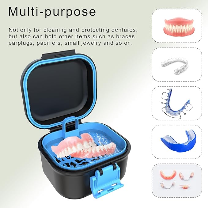 BVN Leak-Proof Denture Case, Denture Cup for Soaking Dentures, Retainer Cleaning Case Black and Bule Dent