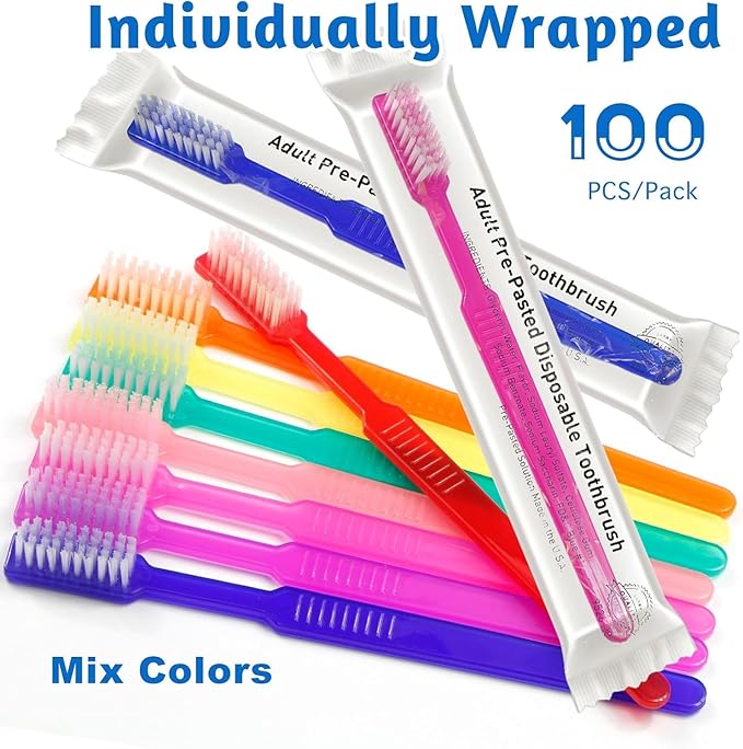 100 Pcs Disposable Pre-Pasted Toothbrushes Individually Wrapped Pre Pasted Toothbrush | Single Use Waterless Tooth Brush for Hotel, Camping, Homeless Gift