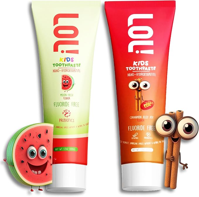 LOL Kids Toothpaste | Fluoride Free 2-Flavors Pack | Nano Hydroxyapatite Toothpaste, Probiotics, Vitamins A, C, E | Safe if Swallowed, No SLS | 1 Cinnamon, 1 Watermelon