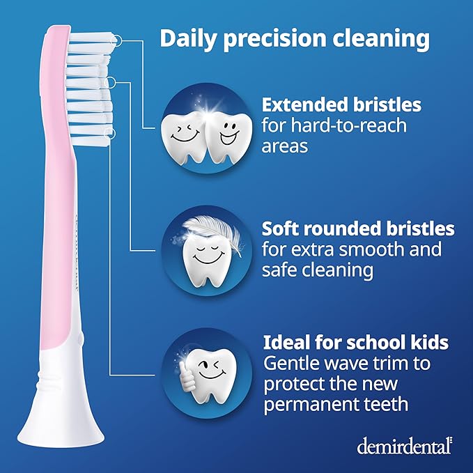 demirdental Kids Toothbrush Heads Compatible with Philips Sonicare Kids Toothbrush Heads - Replacement Heads Sensitive - Brush Heads from Ages 7 to 10 - Pink - Replaces HX6048-8 Pack