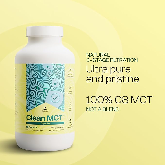 LevelUp Clean MCT Oil Capsules - 100% Caprylic C8 for Energy, Focus, Weight Management, Gut Health, Brain Superfuel - Keto Supplement for Ketogenic Diet and Ketones - Non-GMO (280 Count)