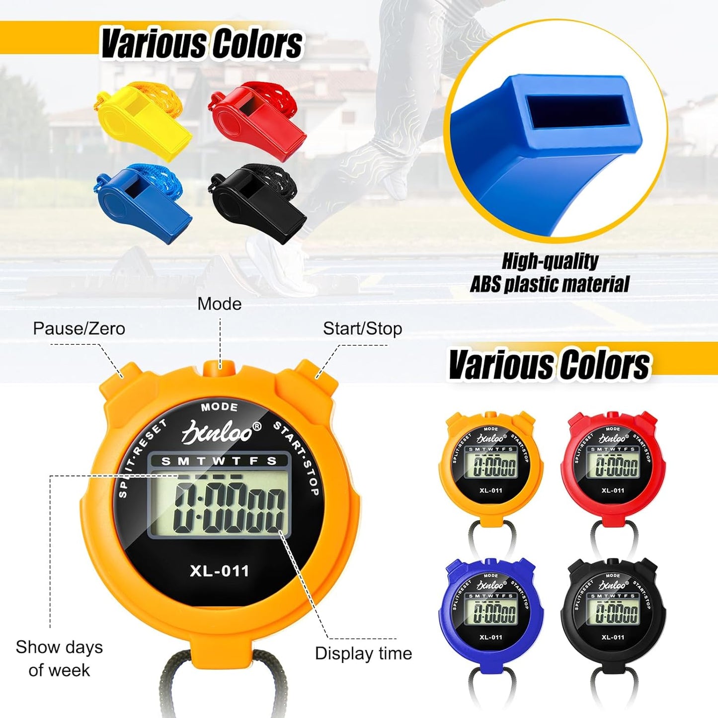 48 Pcs Digital Stopwatch Timer Plastic Whistle Bulk for Sports Coaches Referee Waterproof Watch Timer Whistle with Lanyard Multi Function Electronic Fitness Date Alarm (Multicolor)