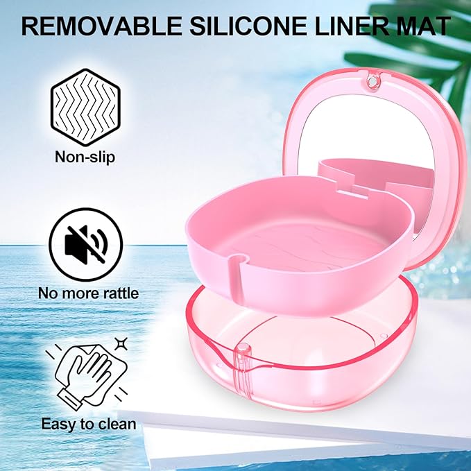 Pink Aligner and Retainer Case Double-layer Cute Slim Braces Night Mouth Guard Case with Remover Tool, Chew and Cleaning Brush, Built in Mirror Orthodontic Dental Retainer Container