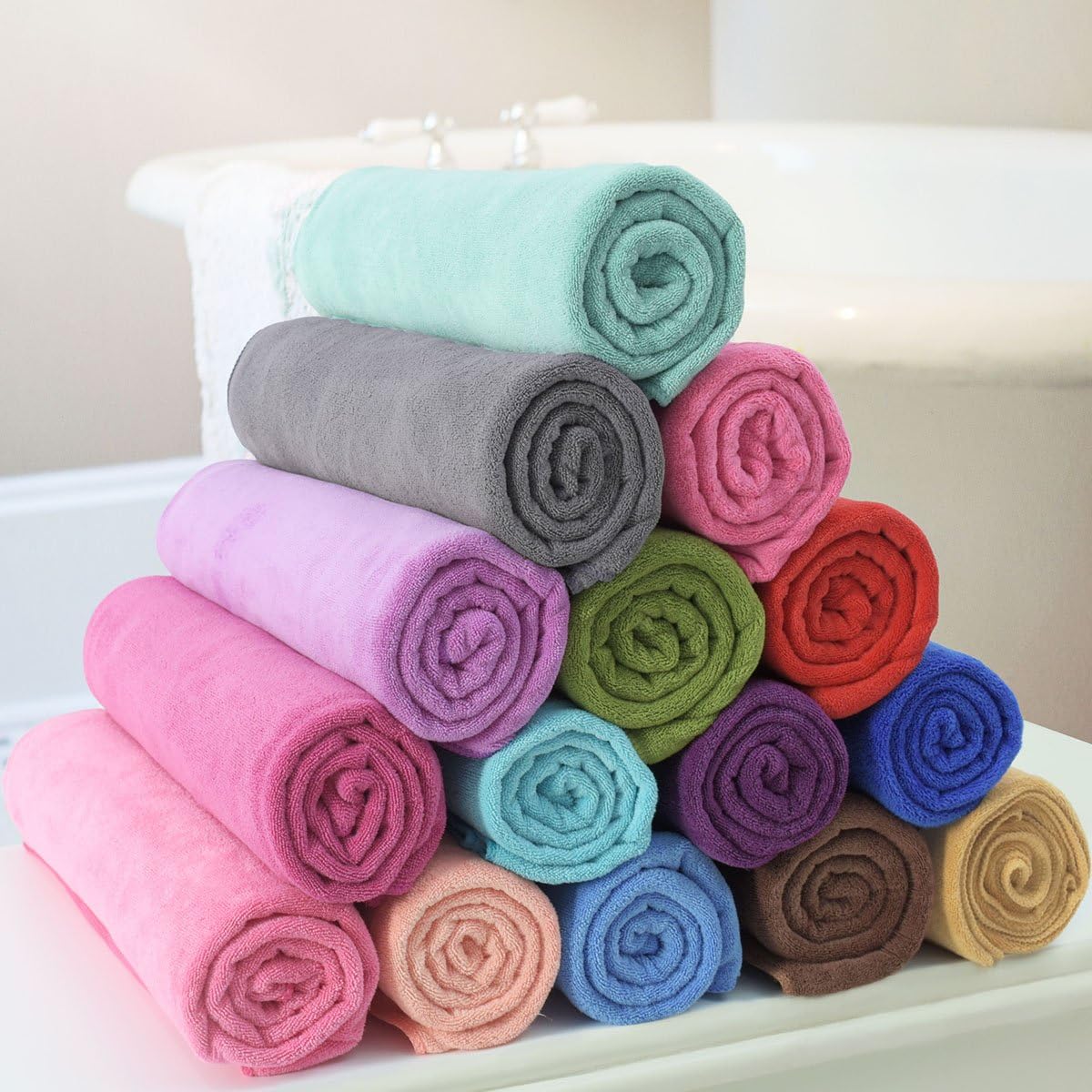 JML Microfiber Towels, Bath Towel Sets (6 Pack, 27" x 55") - Extra Absorbent, Fast Drying, Multipurpose for Bath, Swimming, Fitness, Sports, Yoga, Grey, Yellow, Green