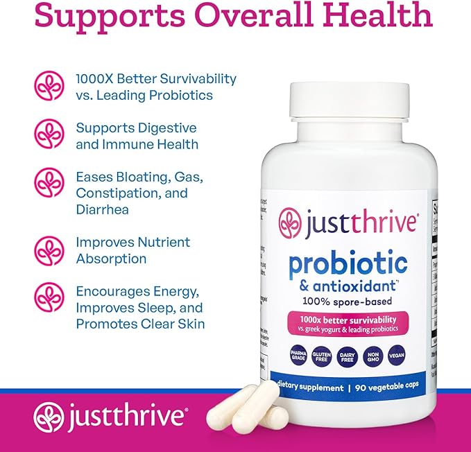 Just Thrive Probiotic & Antioxidant Supplement - 100% Spore-Based Digestive and Immune Support - Gluten Free, 90 Caps