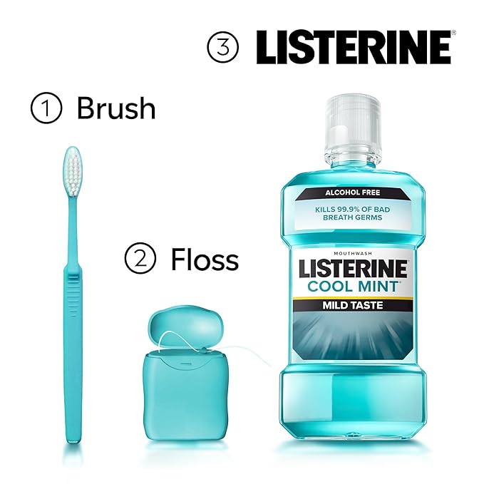 Listerine Alcohol-Free Mouthwash, Non Alcoholic Mint Oral Rinse Kills 99.9% of Germs That Cause Bad Breath for a Fresh Breath & Clean Mouth, Less Intense Taste, Cool Mint Flavor, 1 L (Pack of 2)
