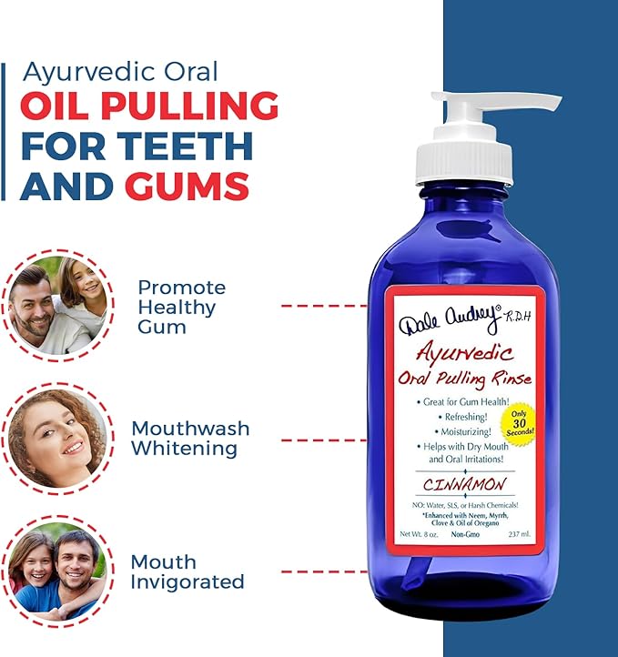 Dale Audrey Ayurvedic Oil Pulling for Teeth and Gums | Organic Cinnamon Flavored Oral Rinse Mouthwash | Natural Essential Oils | Cobalt Glass Bottle Pump for Teeth Whitening and Fresh Breath-8 FL Oz