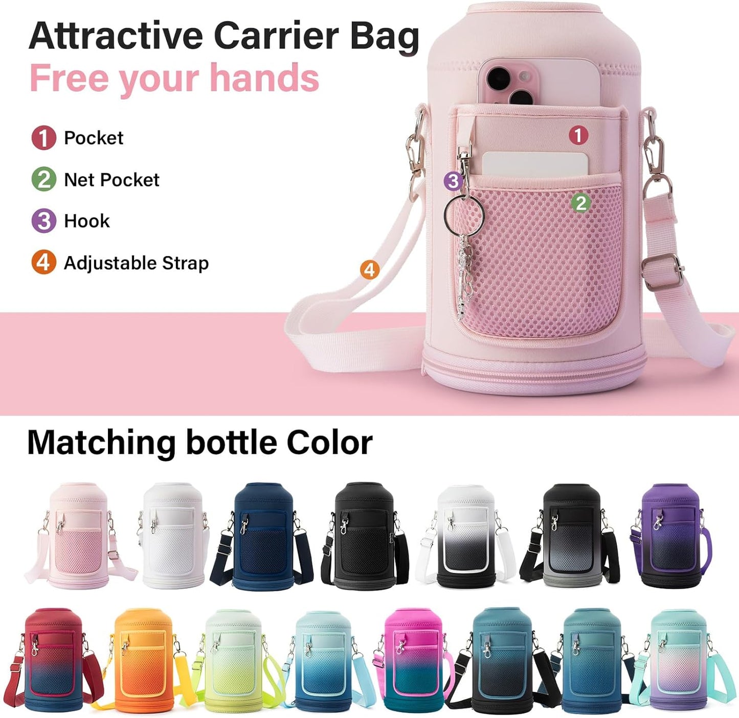 Insulated Water Bottle | Thickened Stainless Steel Vacuum Metal | Portable Sports Half Gallon Large Water Jug for Gym and Hiking with Straw, Carrier Bag, Handle Strap | BPA-Free 64 oz