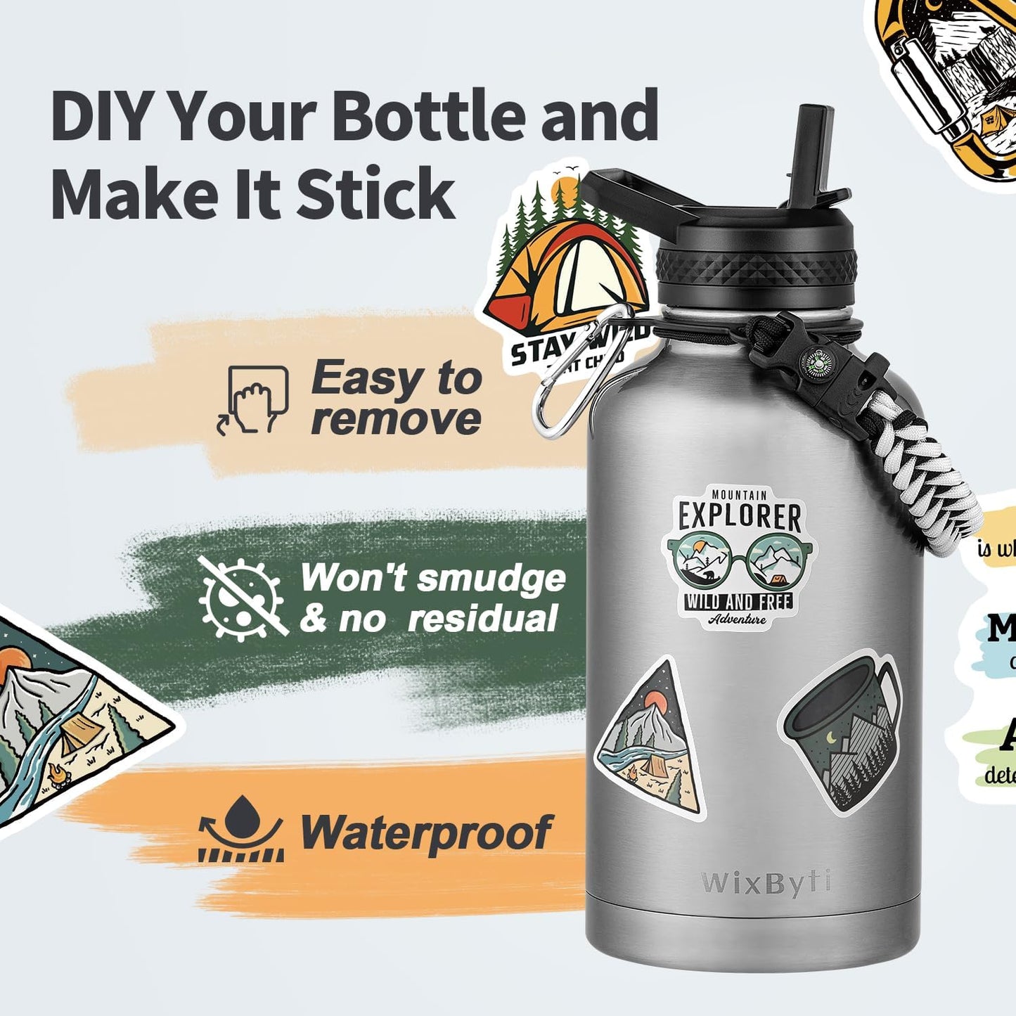 64 oz Insulated Water Bottle with Straw (Cold for 48 Hrs), Half Gallon Stainless Steel Triple Wall Vacuum Sports Water Jug, Leakproof Hydro Cup Flask with Straw Spout Lids & DIY Stickers