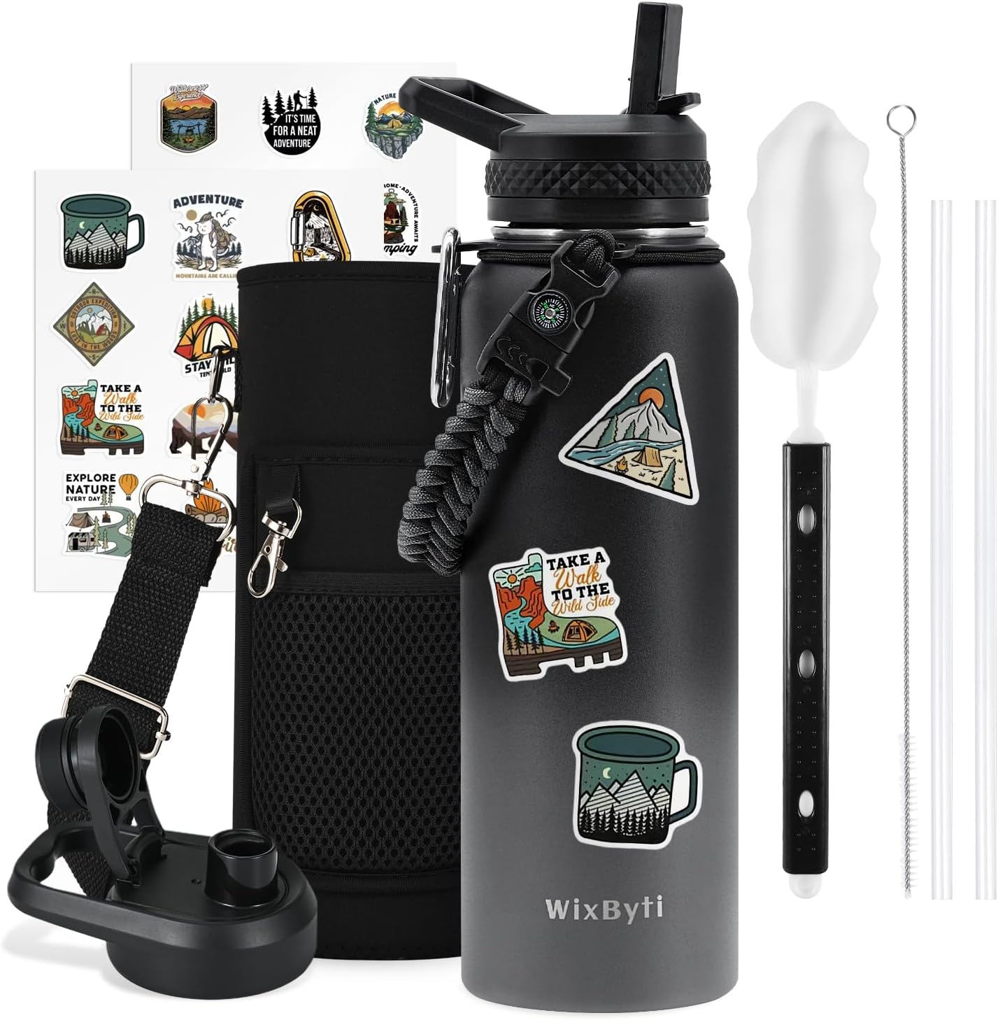 40 oz Insulated Water Bottle with Straw (Cold for 48 Hrs), Stainless Steel Triple Wall Vacuum Sports Water Jug, Leakproof Hydro Cup Flask with Paracord Handle & Straw Spout Lids & DIY Stickers