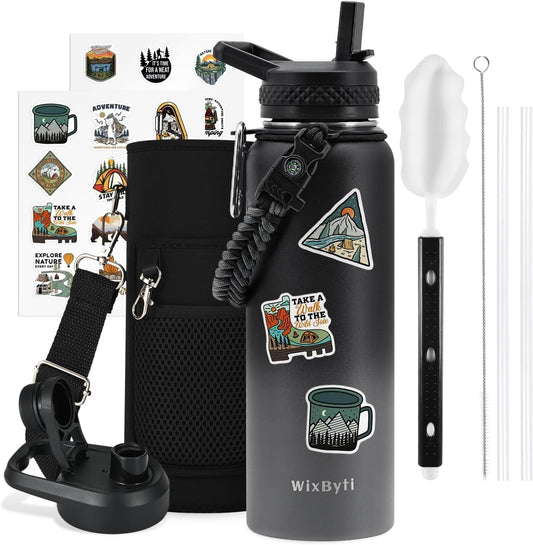 40 oz Insulated Water Bottle with Straw (Cold for 48 Hrs), Stainless Steel Triple Wall Vacuum Sports Water Jug, Leakproof Hydro Cup Flask with Paracord Handle & Straw Spout Lids & DIY Stickers
