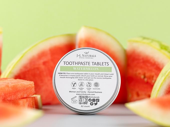 J&L Naturals Toothpaste Tablets | 62-Pack Travel-Friendly Toothpaste | Fluoride + Plastic Free, Vegan, Cruelty Free, Sustainable | Woman-Owned Small Business (Watermelon, 62 Count (Pack of 1))