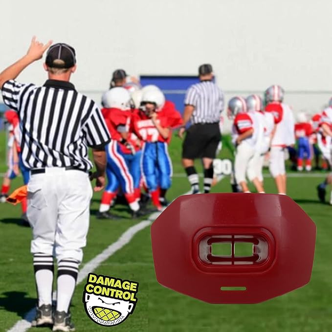 DAMAGE CONTROL Youth Football Mouth Guard – Breathable No Boil Mouthpiece, Protects Lips & Teeth, Works with Braces, Includes Helmet Strap – Sports Gear & Accessories (Red)