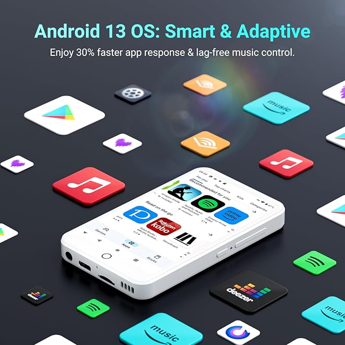 96GB MP3 Player with Bluetooth and WiFi, Android 13 MP3 MP4 Players with 4" Touchscreen and Speaker, 3GB RAM & 32GB ROM, Spotify Music Player with Audible, FM Radio, Amazon Music, Play Store