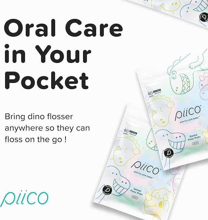 Piico Unflavored Kids Floss - No Fluoride Dual Line Dental Floss Picks - Fun Oral Care in Colorful Floss Sticks Design - Kids Flossers Avoid Tooth Decay & Gum Disease - 80 Count Dino