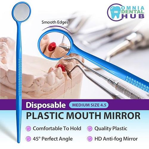 100 PCs Dental Grade Disposable Dental Mouth Mirrors by Omnia ONE | Blue Oral Dental Mirror Plastic Dental Instrument | Anti Fog Mouth Glass Mirror for Teeth with Handles Plastic Tooth Mirror