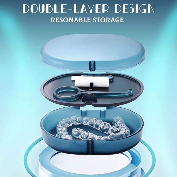 New Double-layer Retainer Storage Case with Belt Chewing,Removal Tool,Cleaning Brush,Built in Mirror Orthodontic Retainer Case