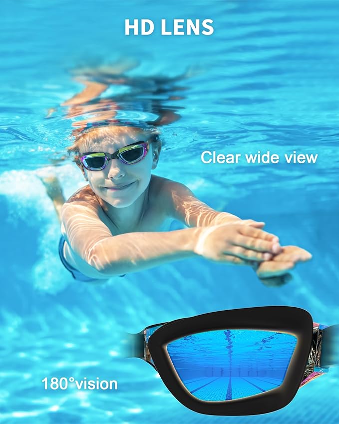 Kids Swim Goggles, Swimming Goggles for Kids with Nose Clip, Earplugs, Nose Bridge for Age 3-15
