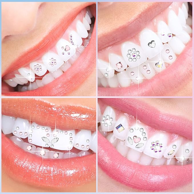 Sosation 377 Pcs 4 Shapes Tooth Gem Kit Jewelry DIY Crystal Tooth Gems Professional Fashionable Artificial Crystal Reflective Ornaments Shining Teeth for Birthday Party Decor